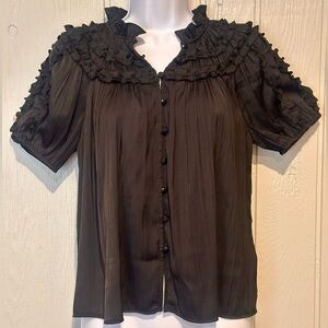 NWT. Anthropologie Petite Black Ruffle Blouse